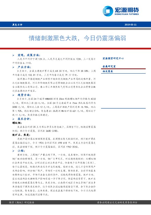 情绪刺激黑色大跌，今日仍震荡偏弱