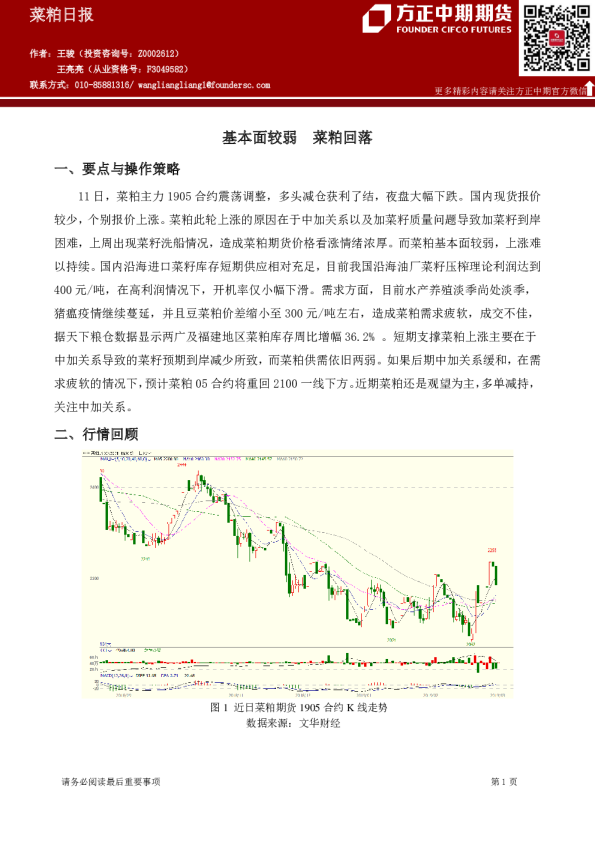 菜粕日报：基本面较弱 菜粕回落