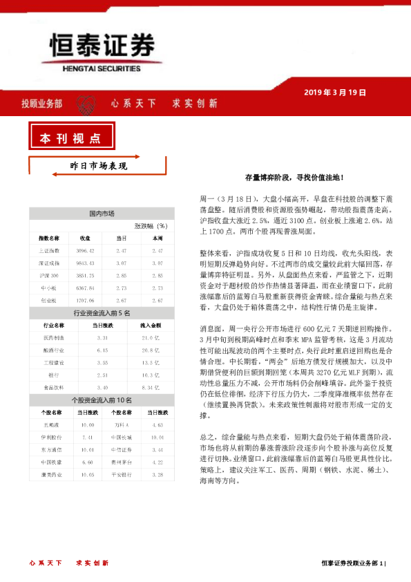 恒泰日刊：存量博弈阶段，寻找价值洼地!