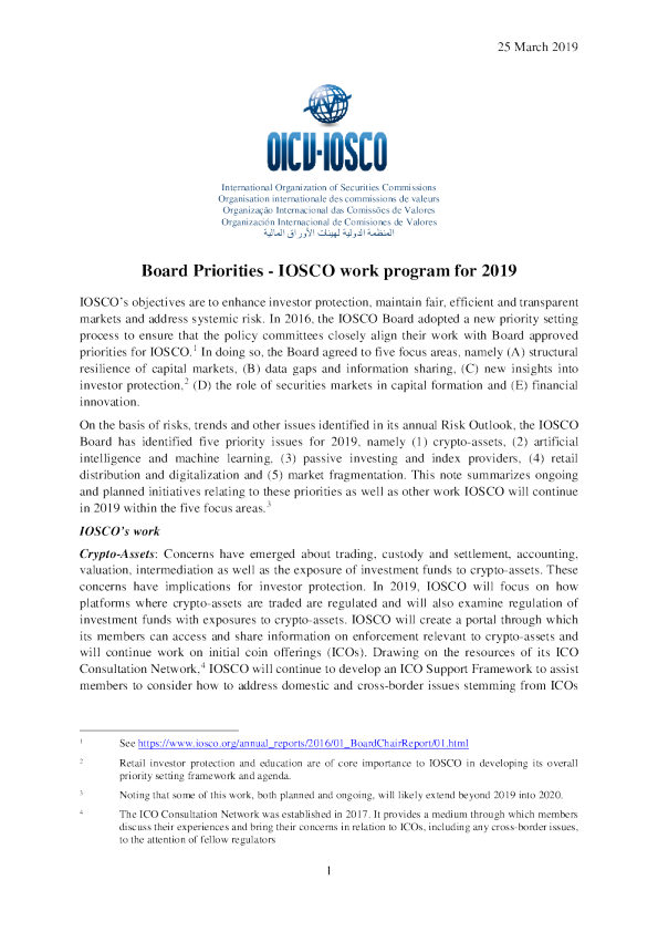 Board Priorities - IOSCO work program for 2019
