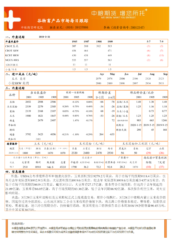 谷物畜产品市场每日跟踪