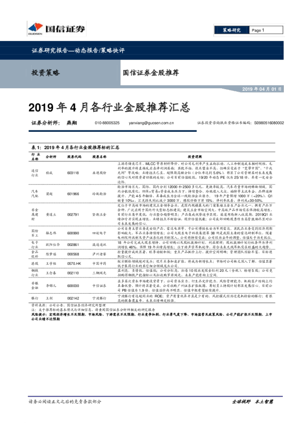 2019年4月各行业金股推荐汇总