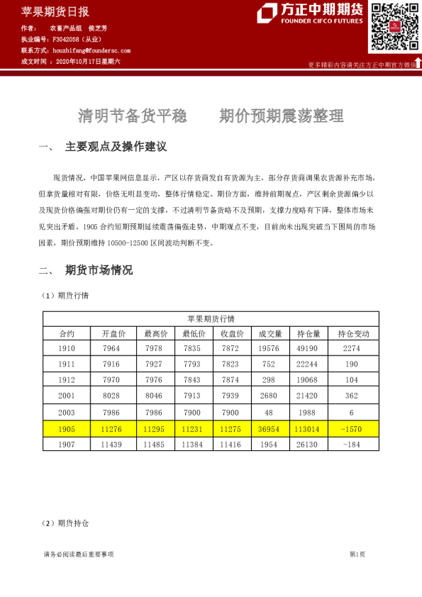 苹果期货日报：清明节备货平稳 期价预期震荡整理