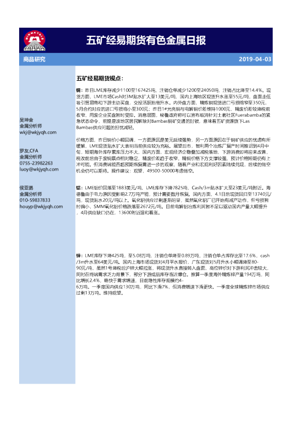 五矿经易期货有色金属日报