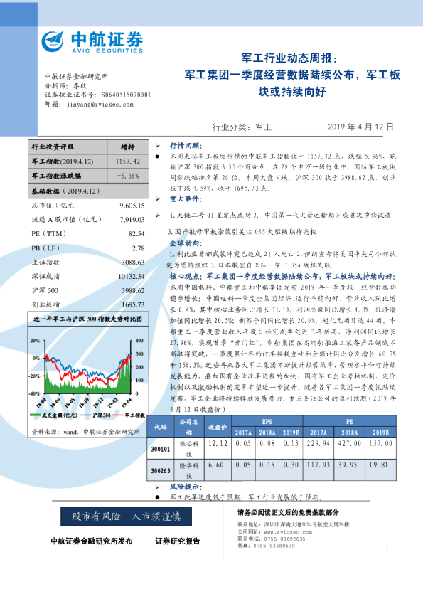 军工行业动态周报：军工集团一季度经营数据陆续公布，军工板块或持续向好