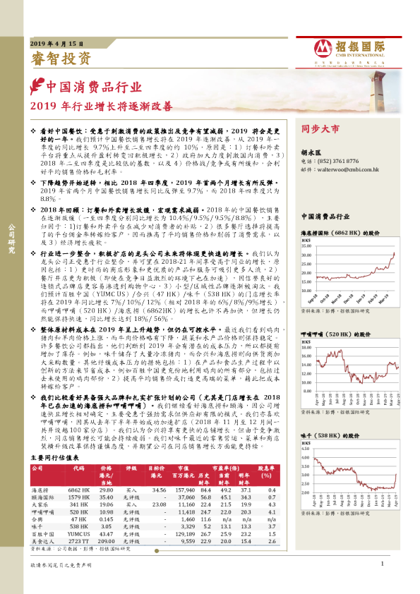 中国消费品行业：2019年行业增长将逐渐改善