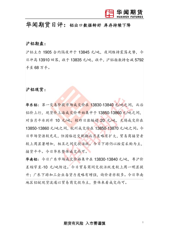 日评：铝出口数据转好 库存持续下降