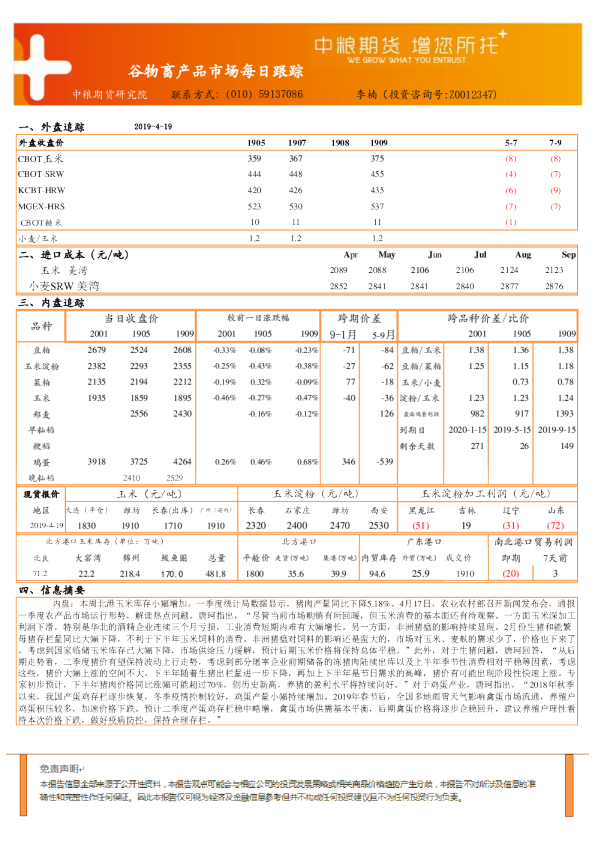 谷物畜产品市场每日跟踪