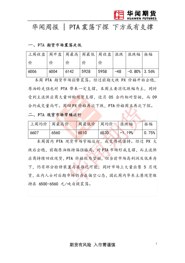 周报：PTA震荡下探，下方或有支撑