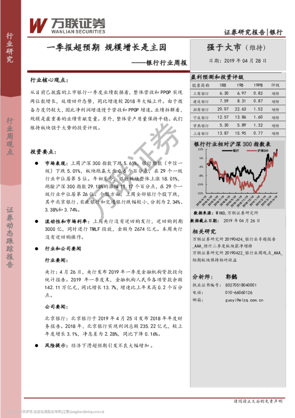 银行行业周报：一季报超预期 规模增长是主因