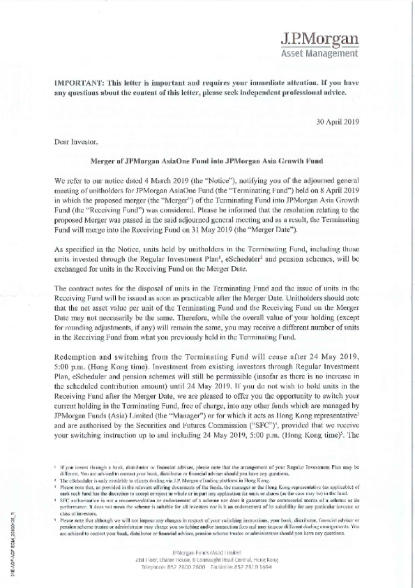 Merger of JPMorgan AsiaOne Fund into JPMorgan Asia Growth Fund