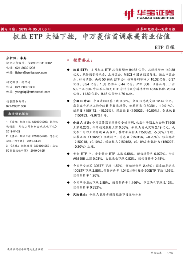 ETP日报：权益ETP大幅下挫，申万菱信首调康美药业估值