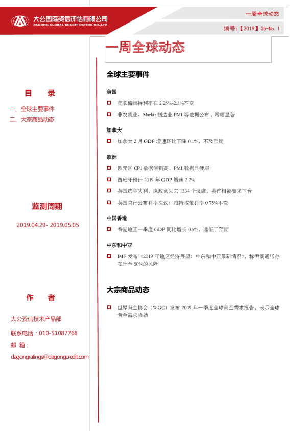 一周全球动态（2019.04.29- 2019.05.05）