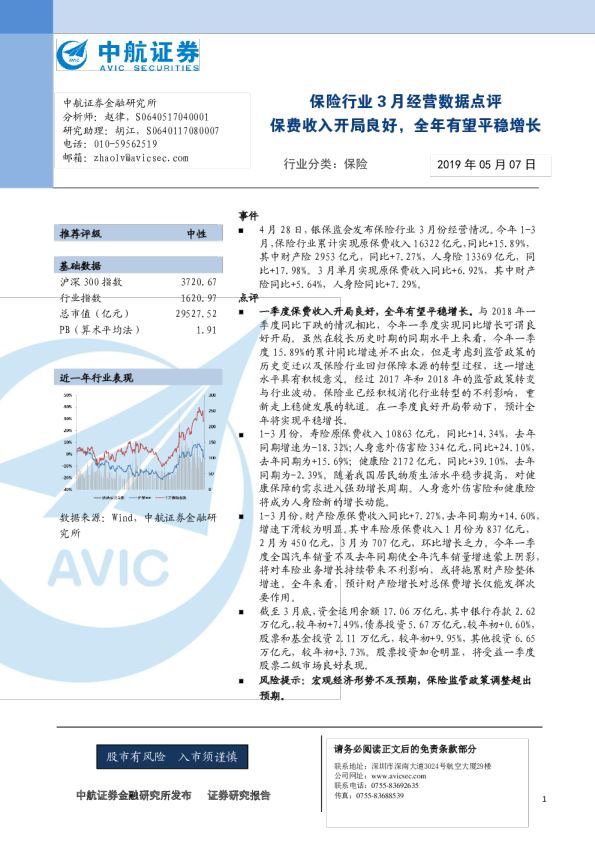 保险行业3月经营数据点评：保费收入开局良好，全年有望平稳增长