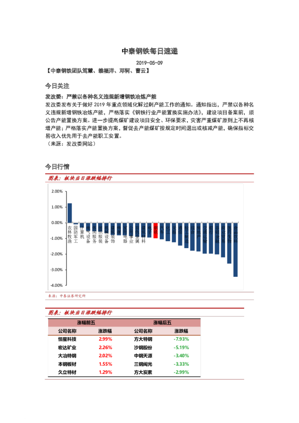 钢铁行业：中泰钢铁每日速递