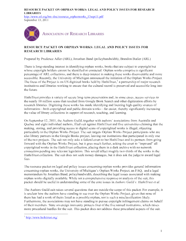 Resource packet on orphan works legal and policy issues for research