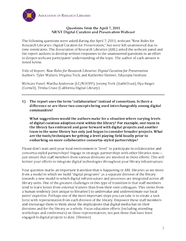 Questions from the NRNT Digital Curation and Preservation Webcast