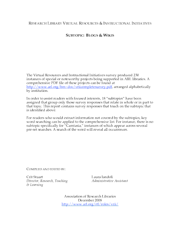 Research Library Virtual Resources & Instructional Initiatives: Subtopic: Blogs & Wikis