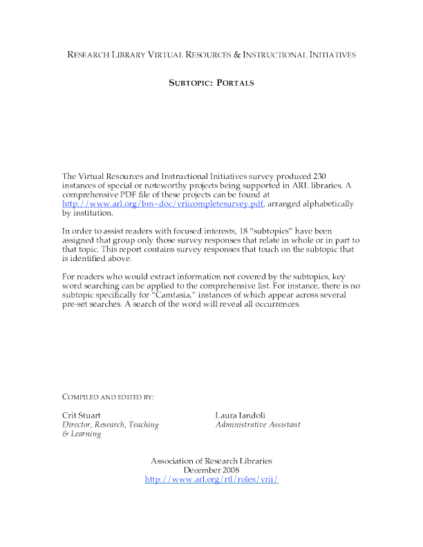 Research Library Virtual Resources & Instructional Initiatives: Subtopic: Portals