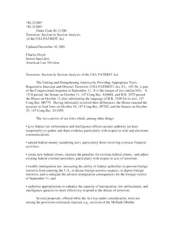 Terrorism: Section by Section Analysis of the USA PATRIOT Act