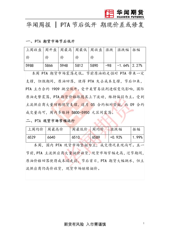 周报：PTA节后低开，期现价差或修复