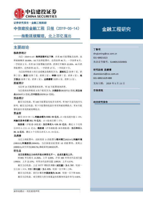 中信建投金融工程日报：指数延续整理，北上百亿流出