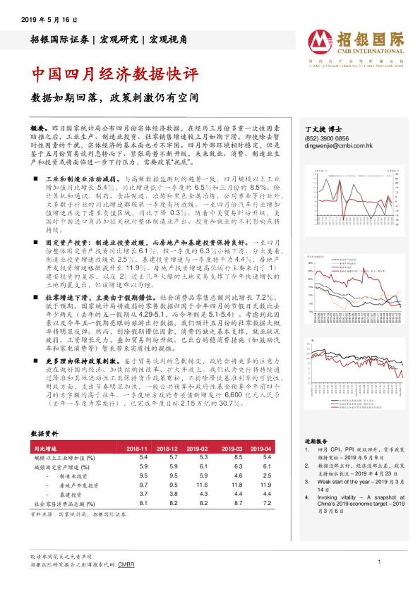 中国四月经济数据快评：数据如期回落，政策刺激仍有空间