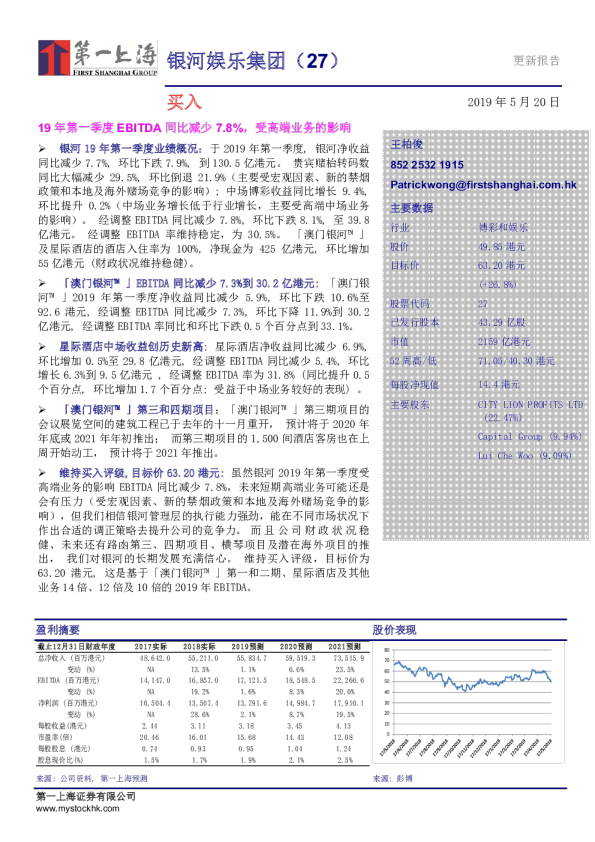 19年第一季度EBITDA同比减少7.8%，受高端业务的影响