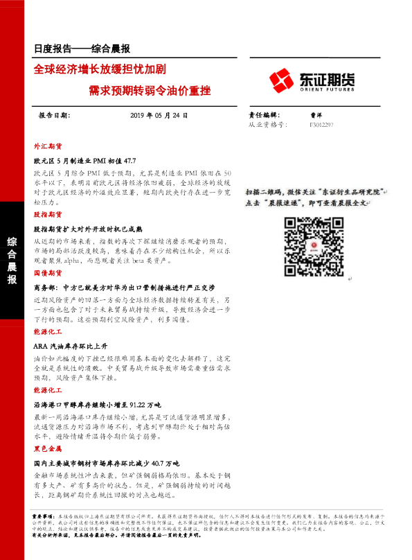 综合晨报：全球经济增长放缓担忧加剧 需求预期转弱令油价重挫