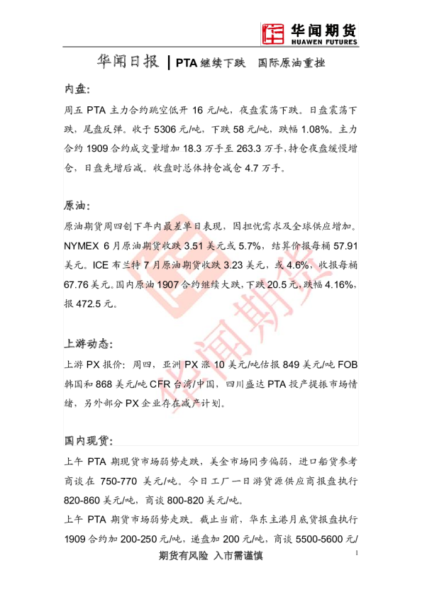 日报：PTA继续下跌 国际原油重挫