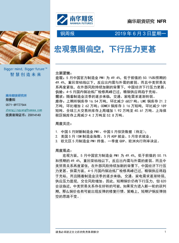 铜周报：宏观氛围偏空，下行压力更甚