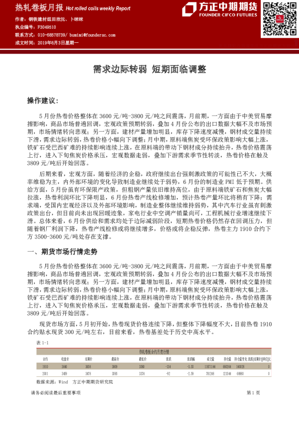 热轧卷板月报：需求边际转弱，短期面临调整