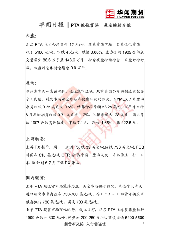 PTA低位震荡 原油继续走低