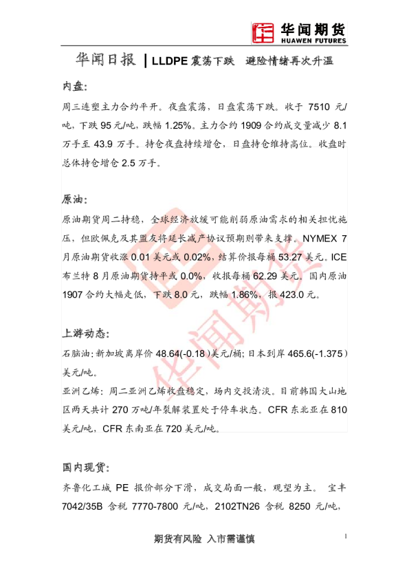 LLDPE震荡下跌 避险情绪再次升温