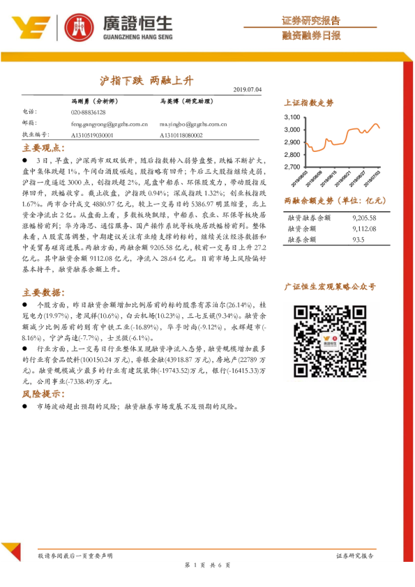 融资融券日报：沪指下跌，两融上升