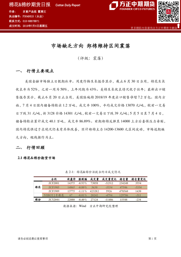 市场缺乏方向，郑棉维持区间震荡