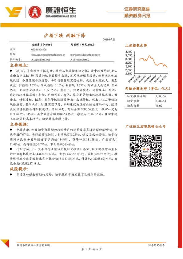 融资融券日报：沪指下跌，两融下降