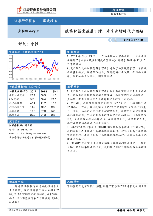 医药生物行业：疫苗批签发显著下滑，未来业绩将低于预期