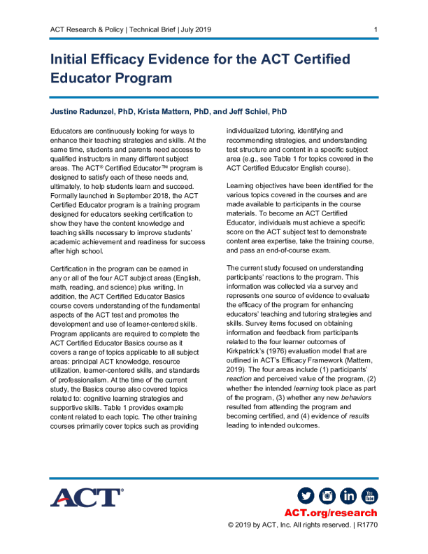 Initial Efficacy Evidence for the ACT Certified Educator Program