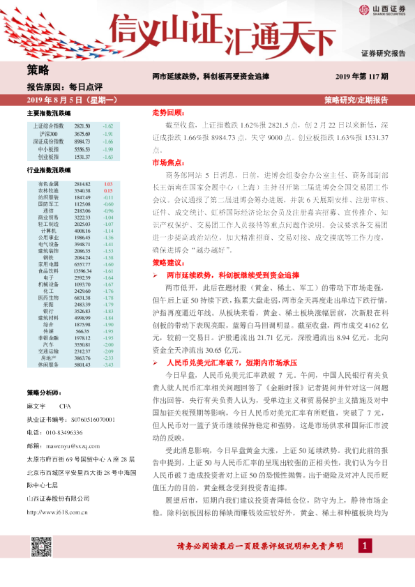 两市延续跌势，科创板再受资金追捧