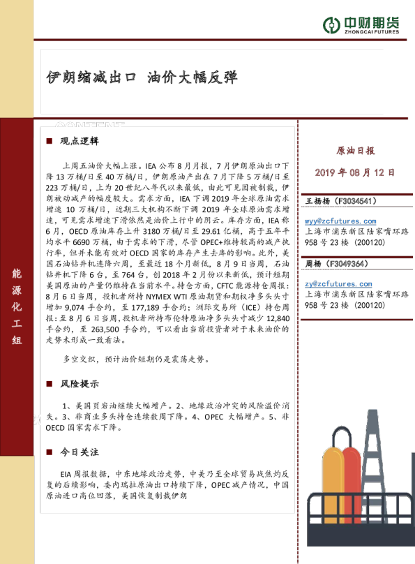 伊朗缩减出口，油价大幅反弹