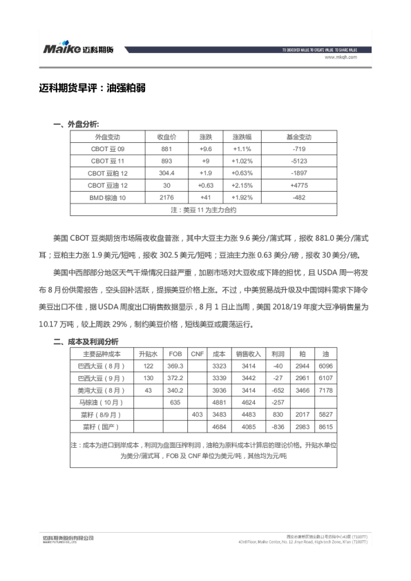 迈科期货早评：油强粕弱