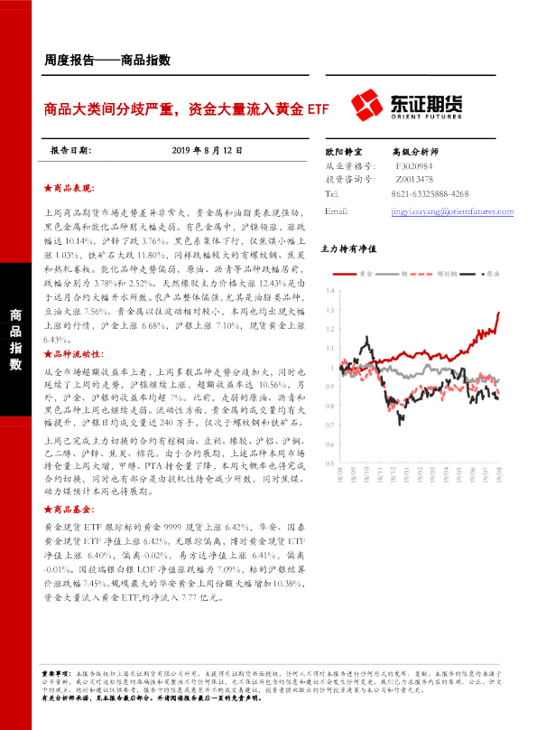 商品大类间分歧严重，资金大量流入黄金ETF