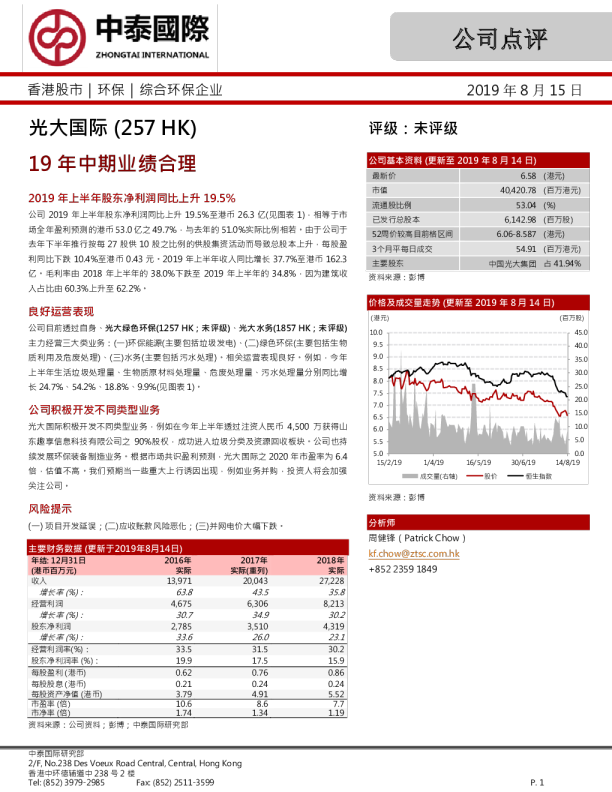 19年中期业绩合理