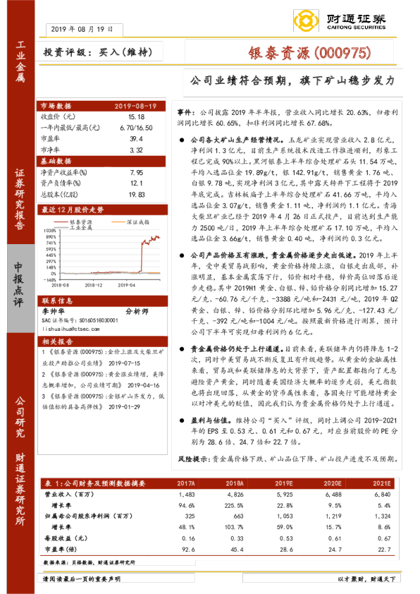 公司业绩符合预期，旗下矿山稳步发力