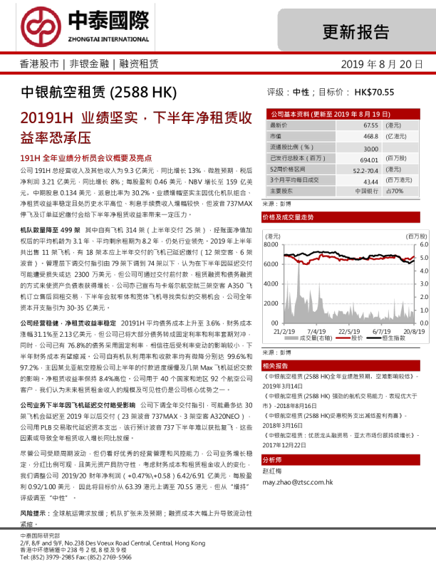 20191H业绩坚实，下半年净租赁收益率恐承压