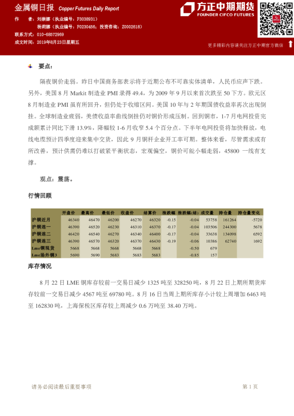 方正中期期货金属铜日报