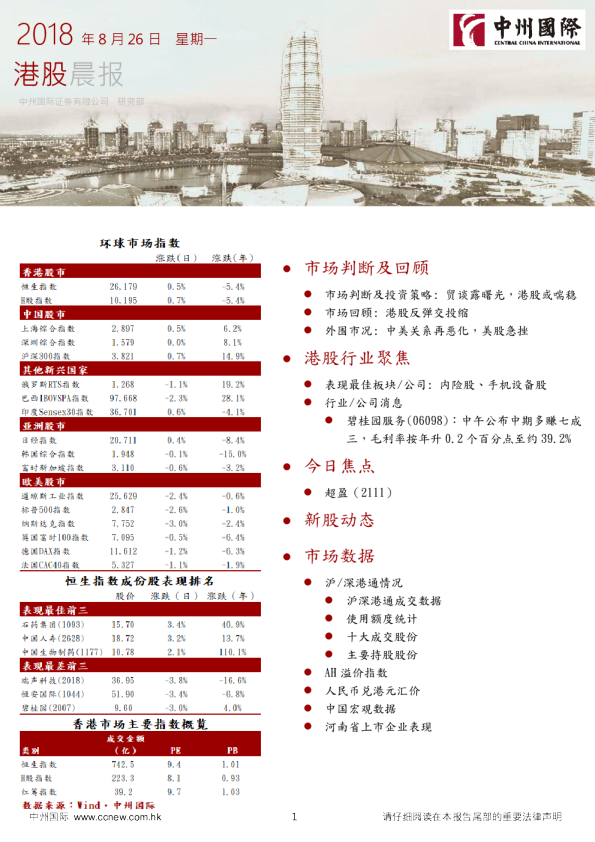 中州国际证券港股晨报