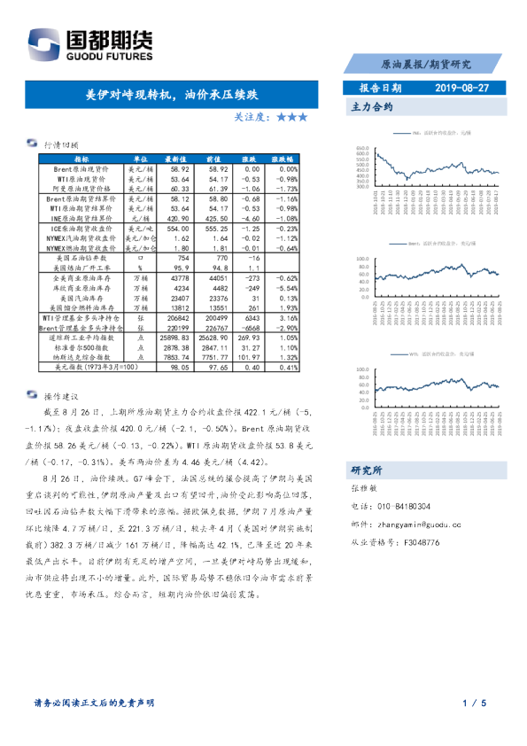 美伊对峙现转机，油价承压续跌
