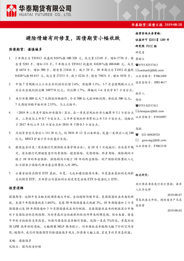 避险情绪有所修复，国债期货小幅收跌